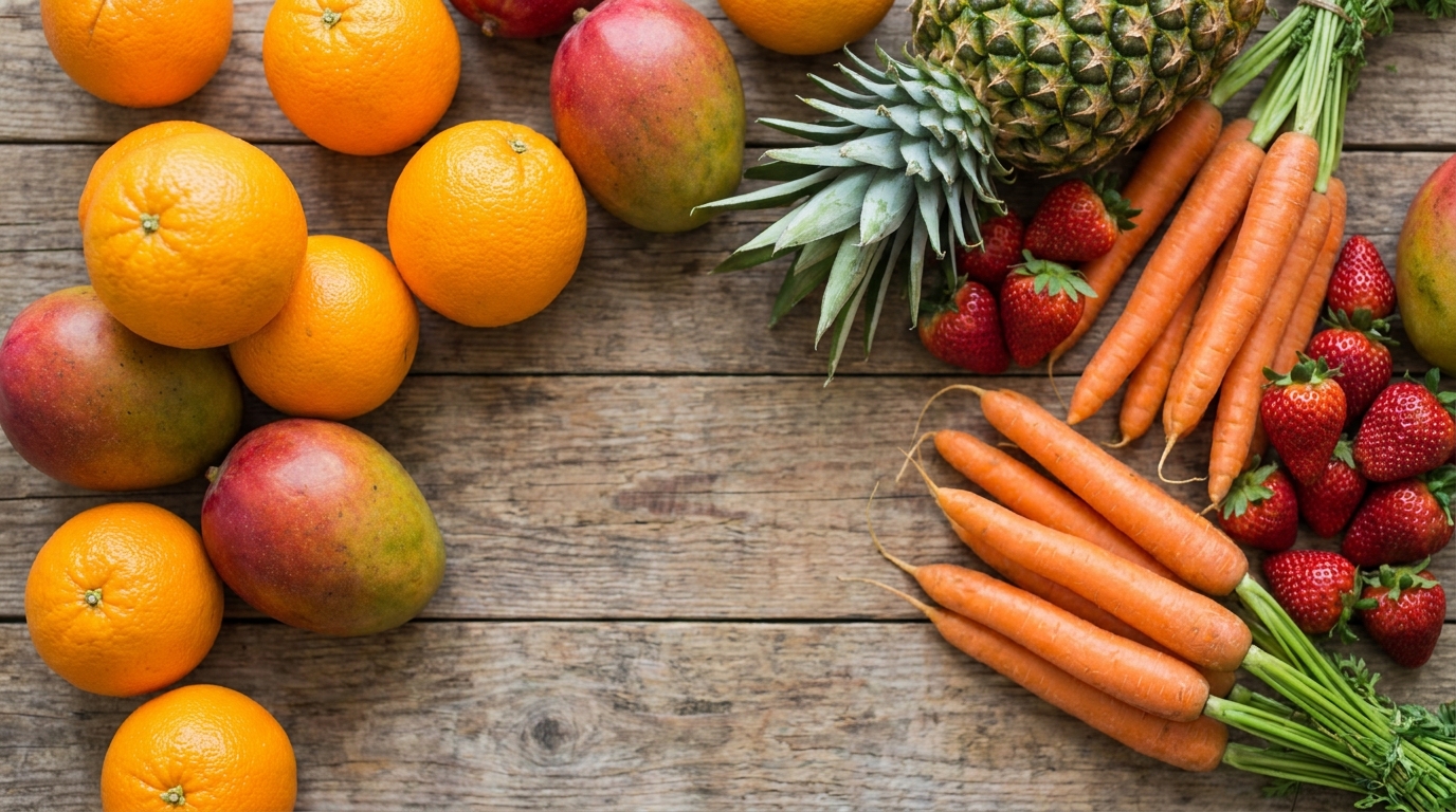 Variedad de frutas frescas como naranjas, mangos, piña y fresas sobre mesa de madera