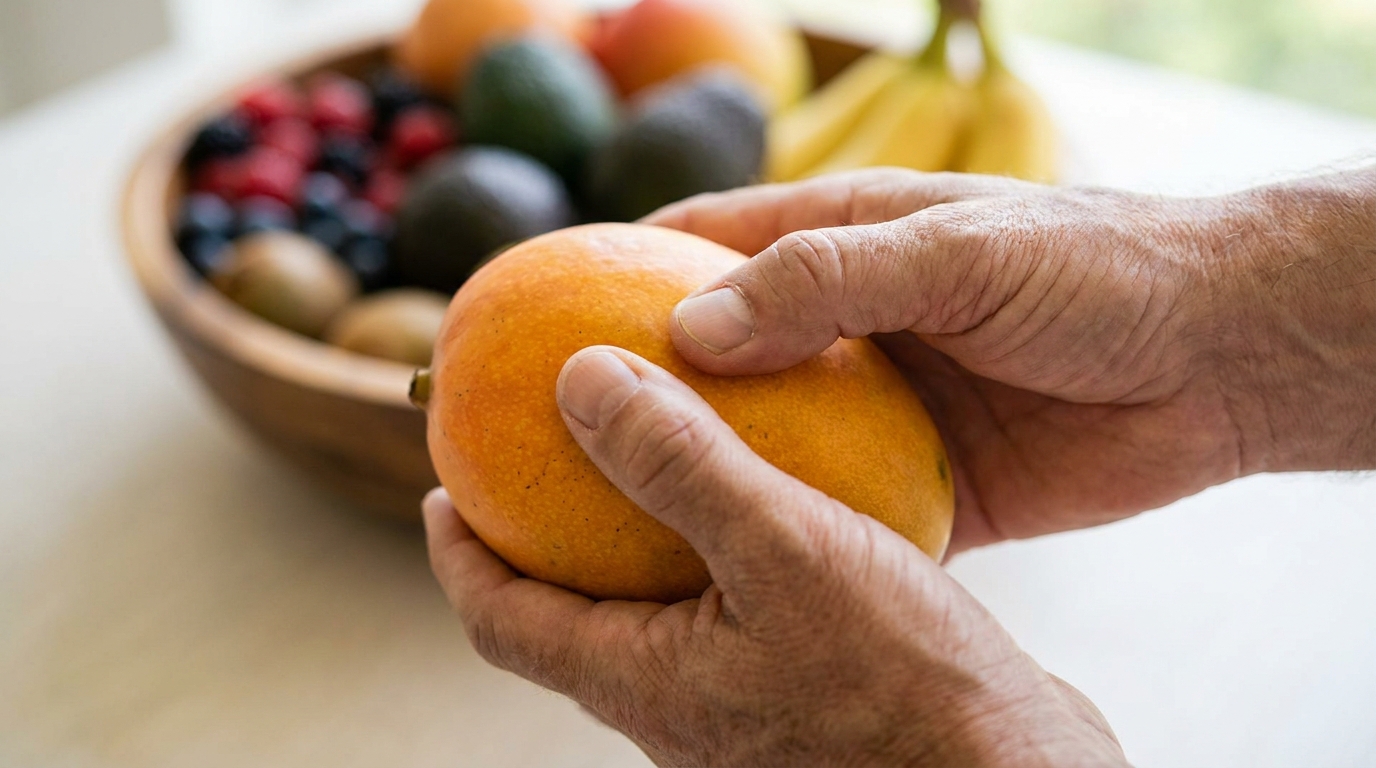 Manos revisando la madurez de un mango fresco entre otras frutas