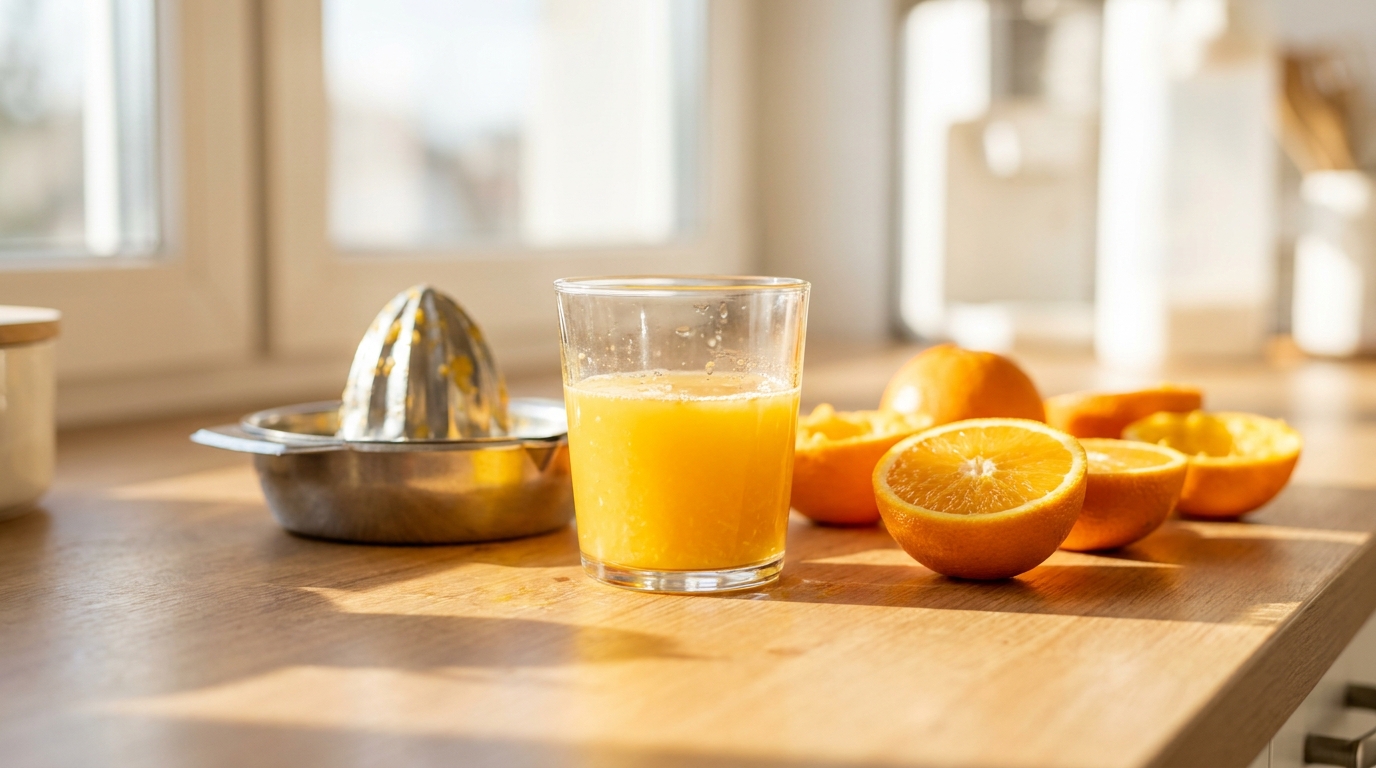 Vaso de jugo de naranja recién exprimido con pulpa y naranjas cortadas al lado