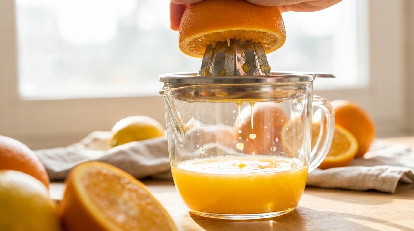Media naranja siendo exprimida a mano en un exprimidor manual de cocina
