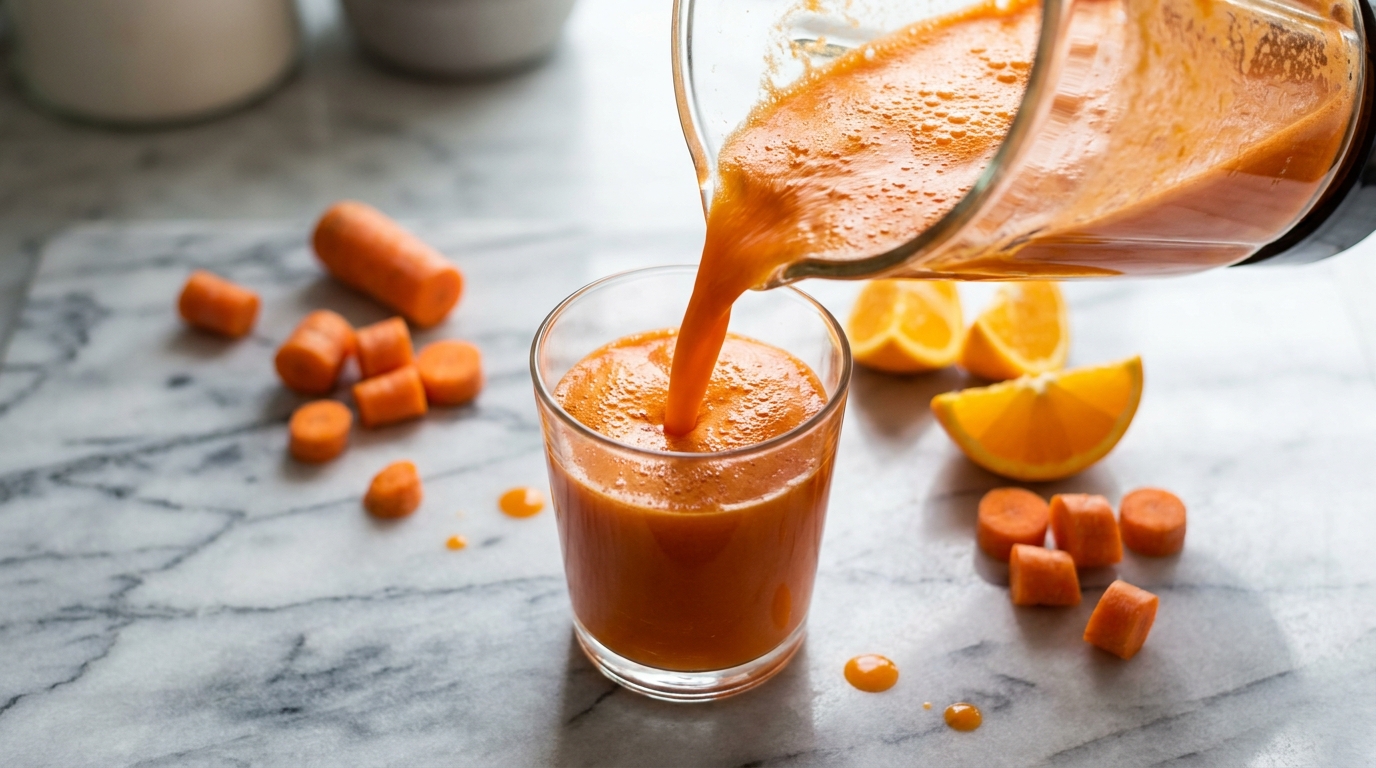 Licuadora sirviendo jugo de zanahoria y naranja en un vaso junto a ingredientes cortados