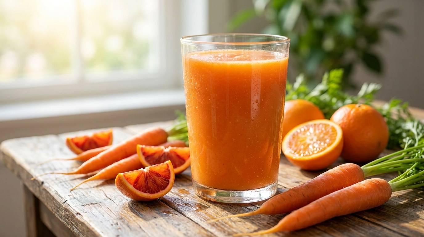 Vaso de jugo de naranja y zanahoria recién hecho sobre mesa de madera con naranjas y zanahorias frescas
